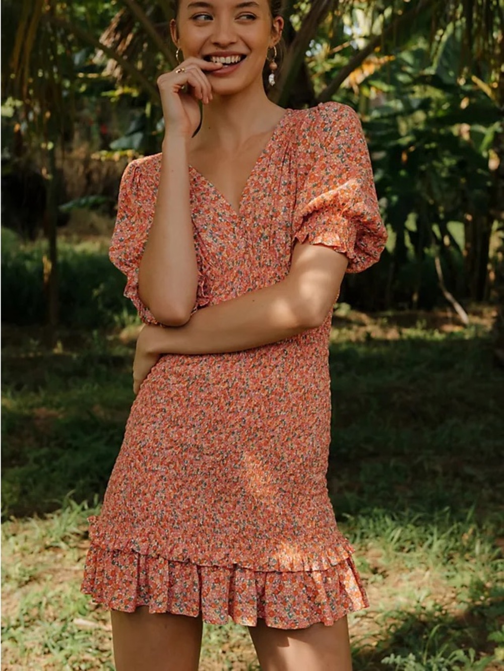 Faithfull the Brand Margherita Orange Floral Smocked Mini Dress